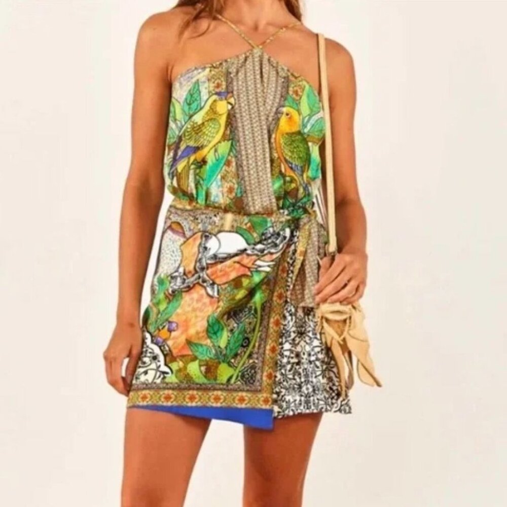 FARM Rio Wrap Mini Dress S Gayatri Tropical Print Side Tie Multi Party Keyhole